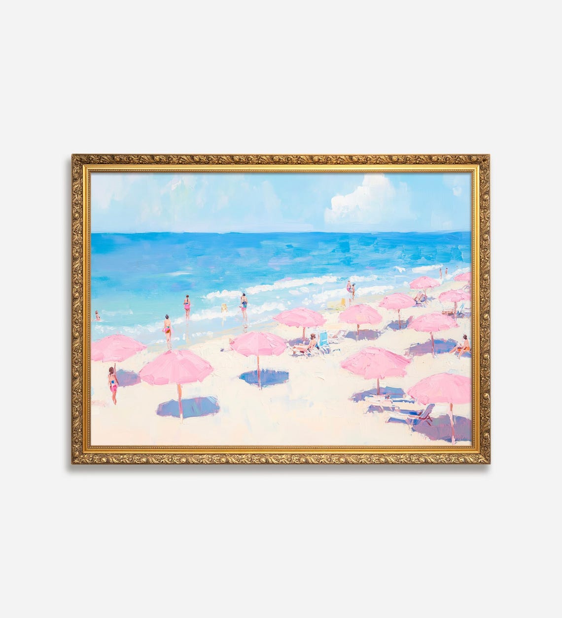Pink Umbrella Beach Scene Pastel Seaside Summer Watercolor Poster - Image 3