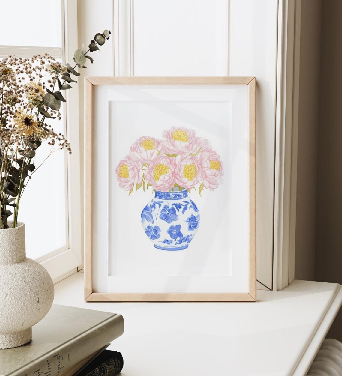 Pink Yellow Peonies Blue White China Vase Floral Watercolor Print - Image 4