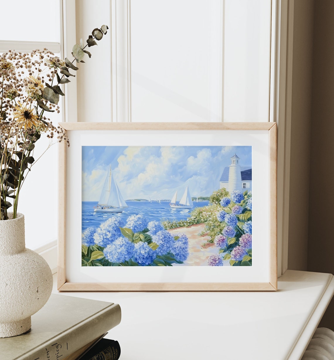 Sailboat Regatta Blue Hydrangea Bay Lighthouse Coastal Summer Poster - Image 3
