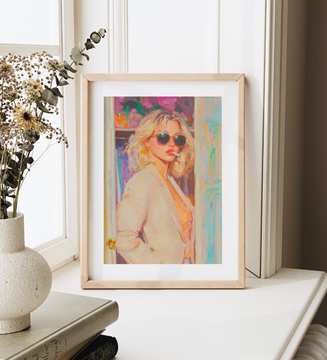 Blonde Woman in Sunglasses Impressionist Oil Portrait Art Poster - Image 2