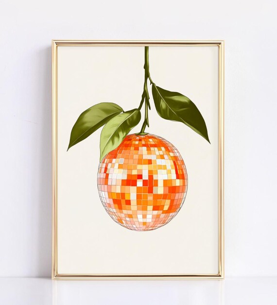 Orange Disco Ball Hanging Branch Citrus Funky Retro Style Poster