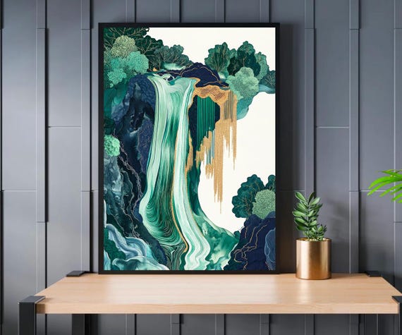 Hokusai Waterfall Ukiyo E Print Japanese Landscape Poster Blue Green Modern Japan Art Wall Decor For Living Room Timeless Home Style