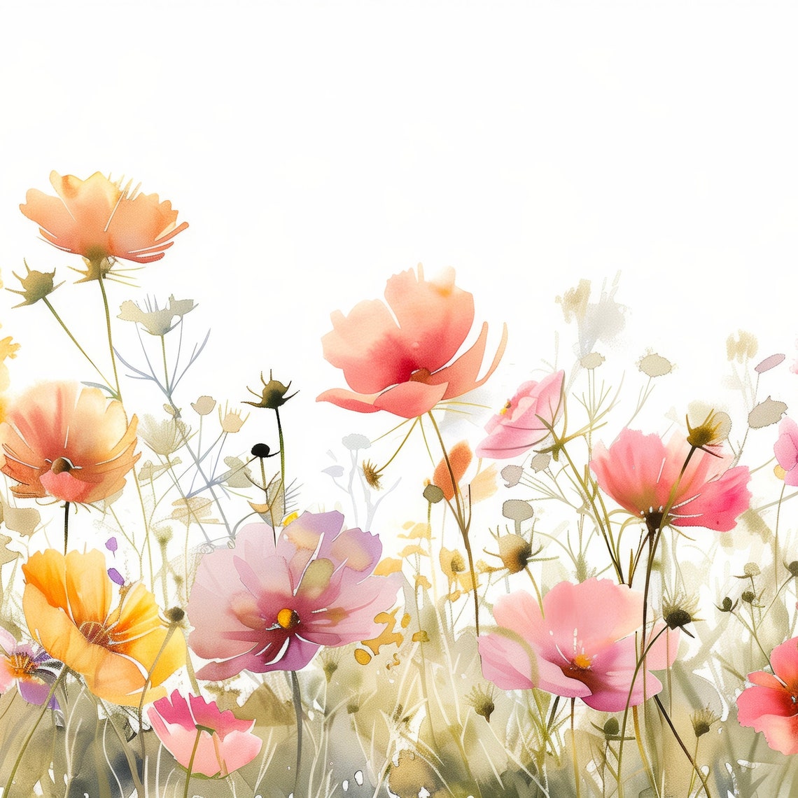 Bright Watercolor Wildflowers Cosmos Poppies Marigolds Art Poster - Image 2