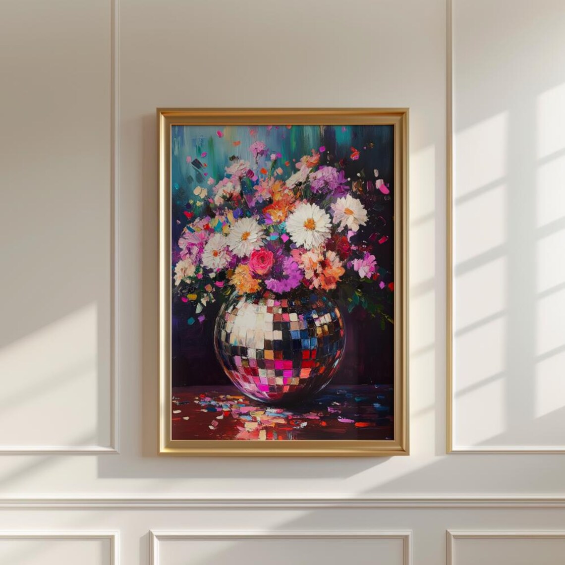 Disco Ball With Moody Florals, Maximalist Art Poster