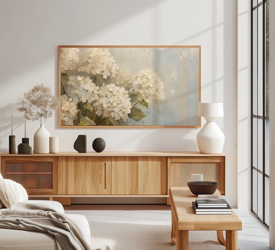 White Hydrangea Still Life Farmhouse Style Neutral Floral Oil Poster - Image 2