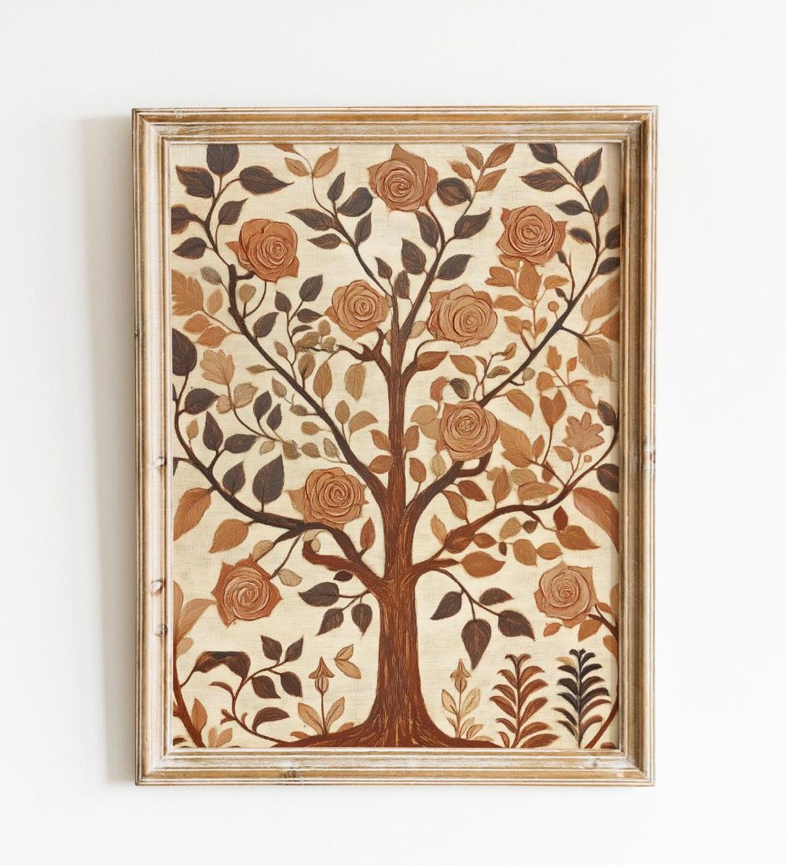 Vintage Folk Art Rose Tree Of Life Rust Brown Botanical Wall Poster