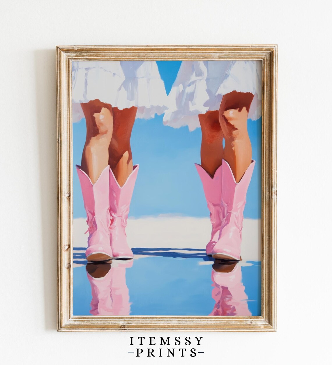 Coastal Cowgirl Poster Print Trendy Boots Decor Preppy Cowgirl Dorm Room Art Girly Aesthetic In Blue And Pink