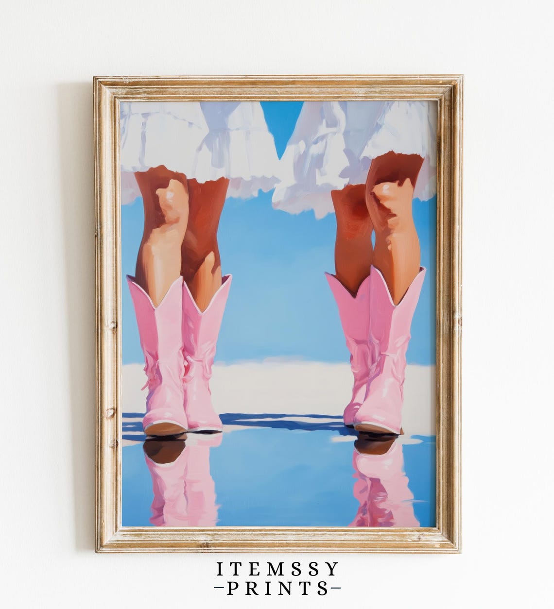 Girls in Pink Cowboy Boots Reflected on Wet Sand Coastal Western Print