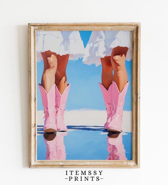 Girls in Pink Cowboy Boots Reflected on Wet Sand Coastal Western Print