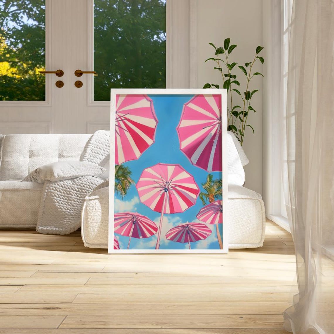 Pink Striped Beach Umbrellas Painting Trendy Coastal Pop Art Poster - Image 2