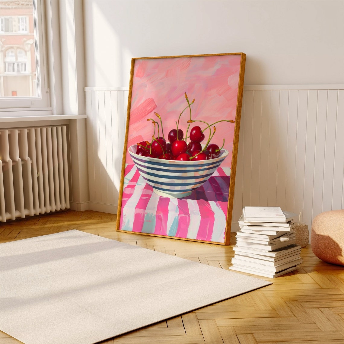 Cherry Bowl Red Cherries Pink Striped Tablecloth Retro Kitchen Poster - Image 2