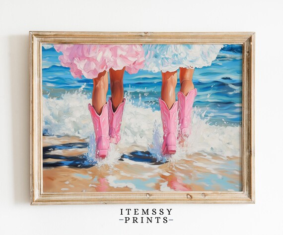 Girls in Pink Cowboy Boots Splashing in Ocean Surf Coastal Wall Print