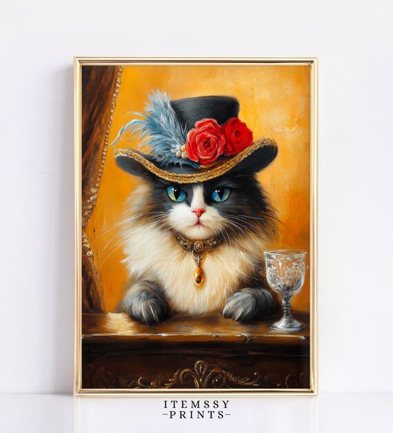 Fancy Cat In Feather Hat With Wine Glass Vintage Style Poster