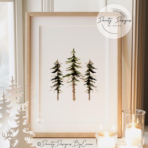 Watercolor Pine Trees Trio Christmas Forest Holiday Poster Art