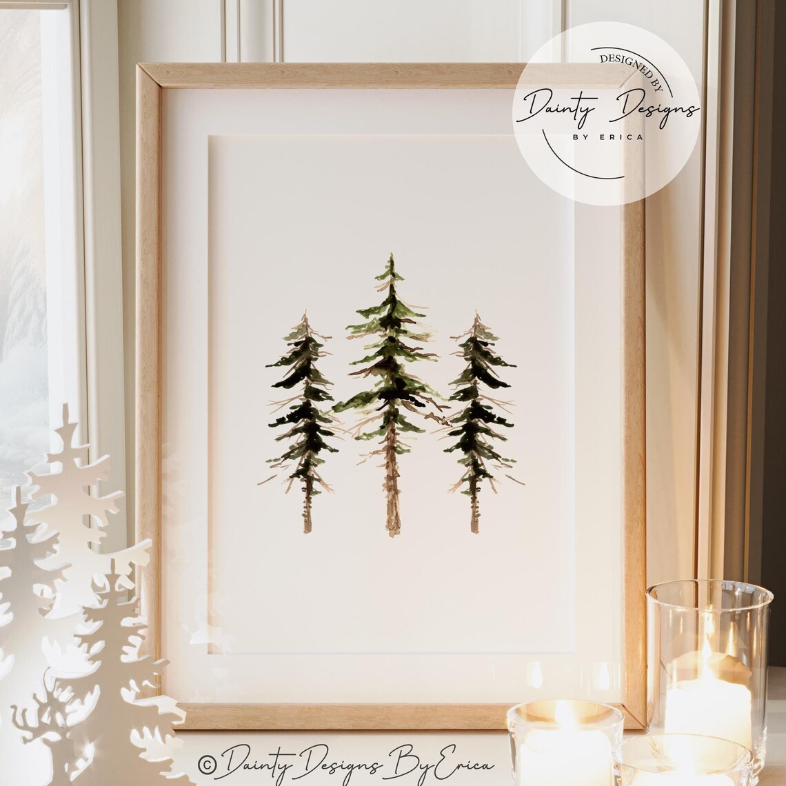 Watercolor Pine Trees Trio Christmas Forest Holiday Poster Art