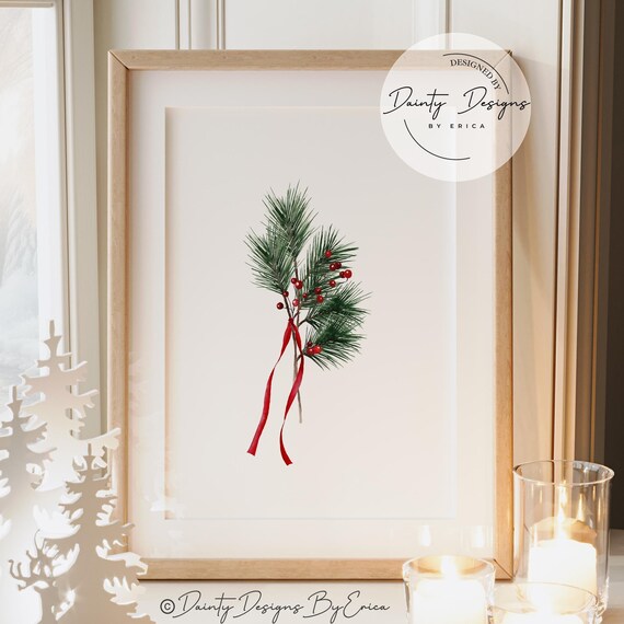Pine Branch Watercolor Print Red Berries Ribbon Minimal Holiday Art
