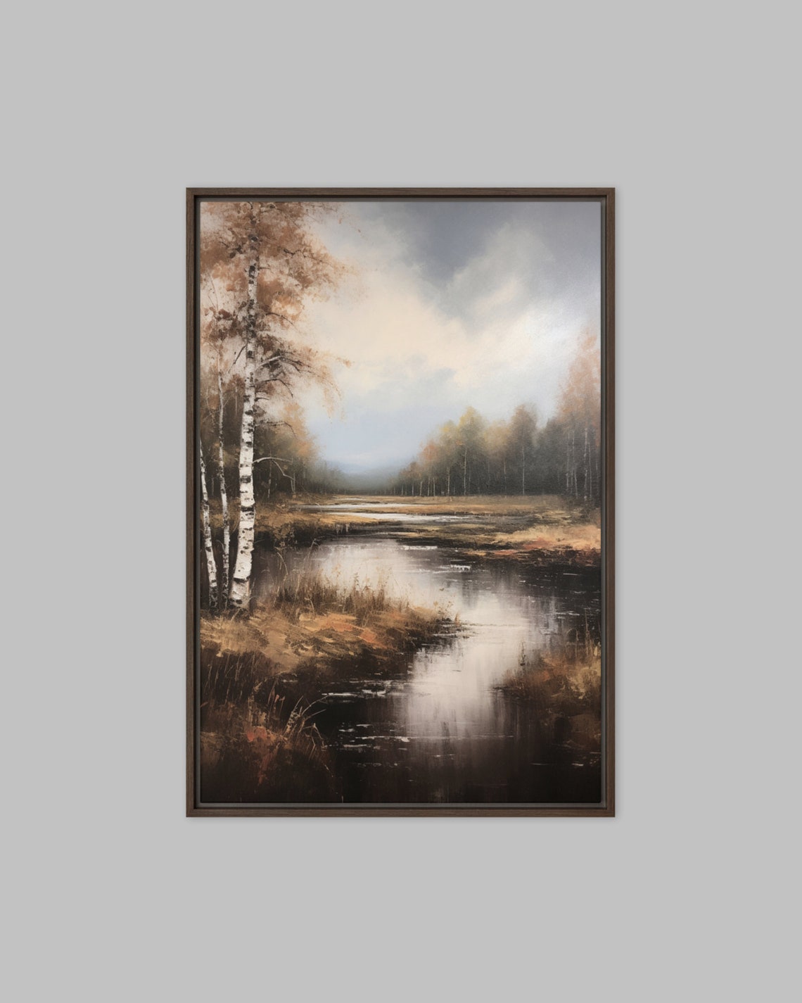 Moody Autumn Birch Trees Beside a Quiet Winding Creek Poster