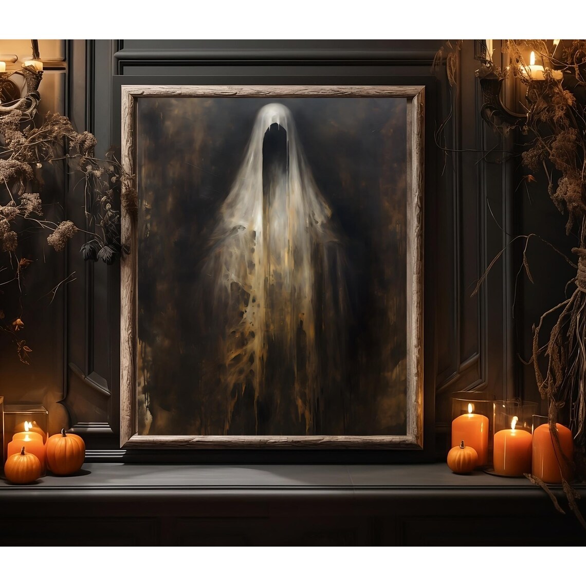 Dark Ghost in Smoky Corridor Moody Black Gothic Halloween Art Poster