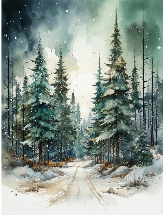 Snowy Winter Trees Christmas Art Print