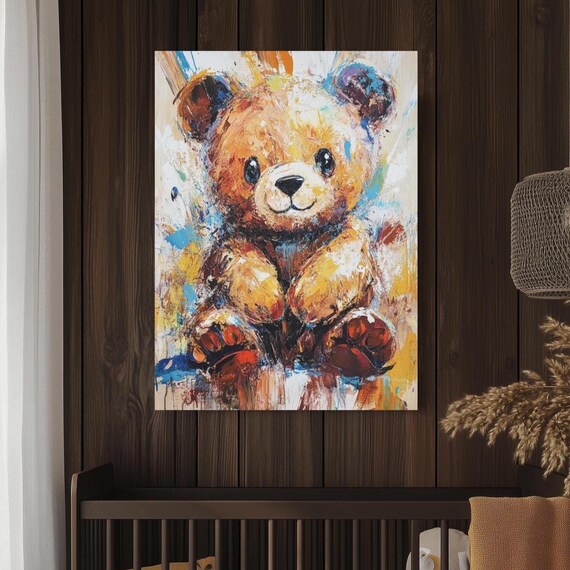 Teddy Bear Canvas Wall Art Cute Nursery Animal Decor Colorful Baby Room Poster Playful Kids Gift Whimsical Print