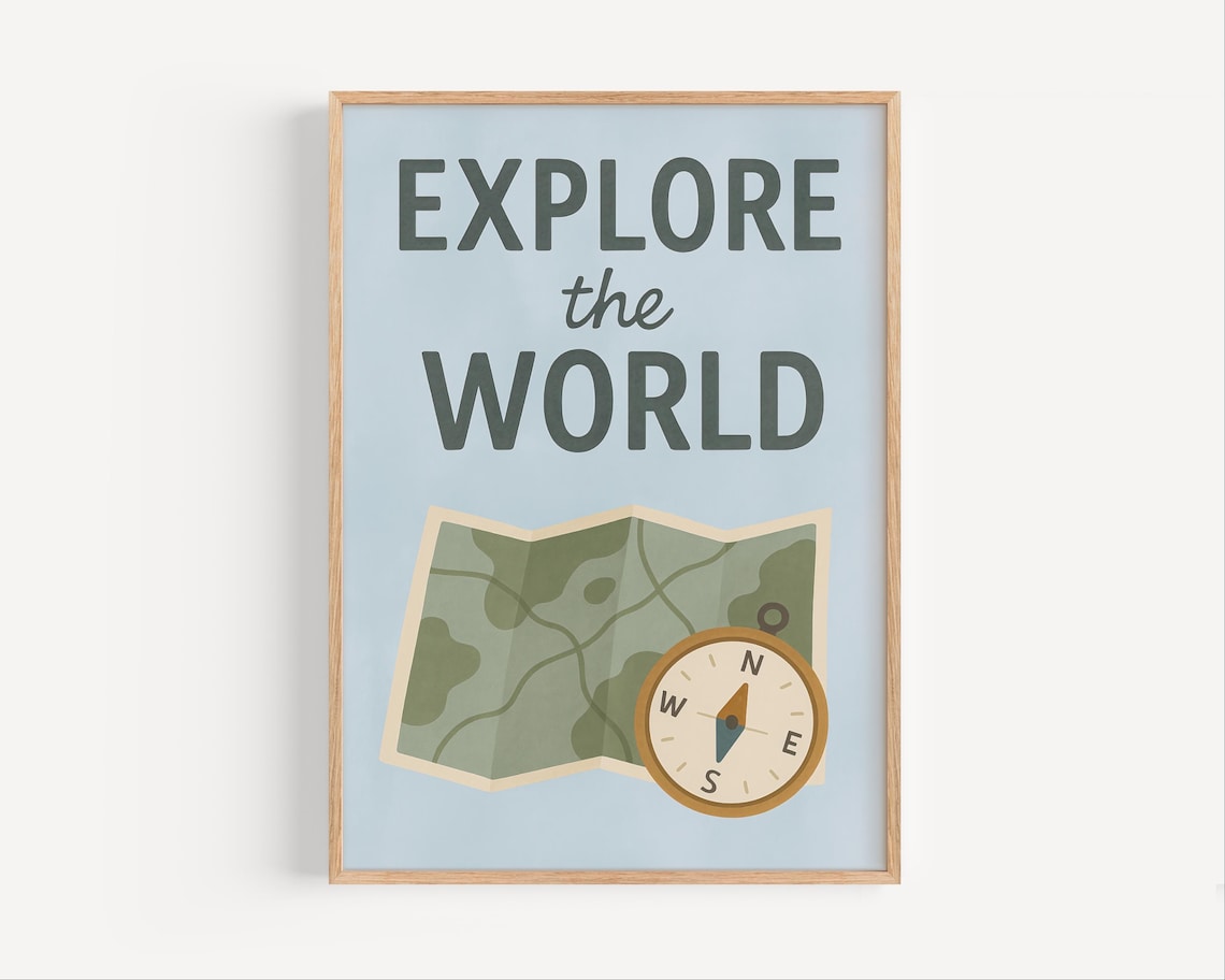 Explore The World Map And Compass Kids Nursery Adventure Poster