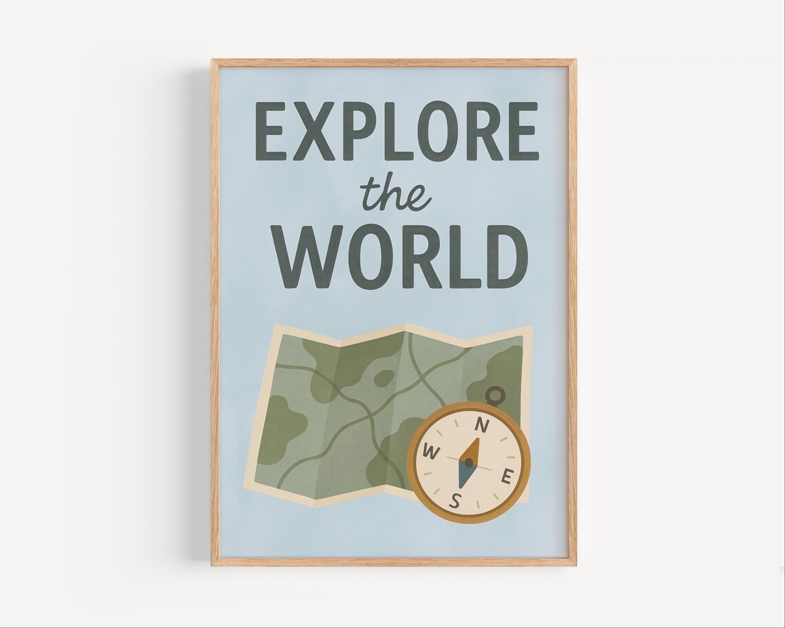 Explore The World Poster Adventure Map Compass Wall Art For Kids Travel Themed Nursery Print