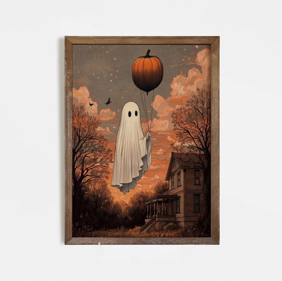 Flying With Pumpkin Balloon Art Print Whimsical Halloween Wall Decor Spooky Autumn Illustration Haunted House Poster