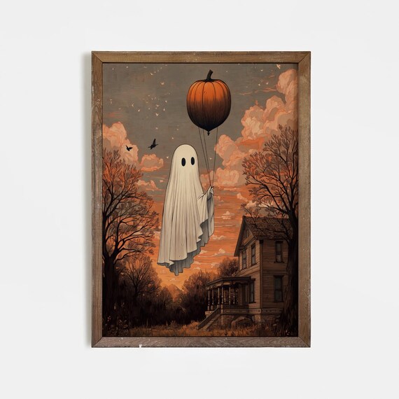 Flying With Pumpkin Balloon Art Print Whimsical Halloween Wall Decor Spooky Autumn Illustration Haunted House Poster