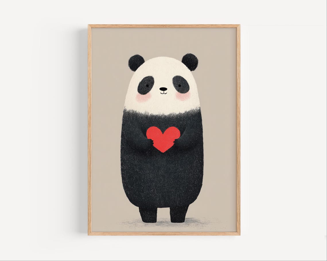 Cute Panda Holding Red Heart Minimalist Kids Nursery Wall Poster