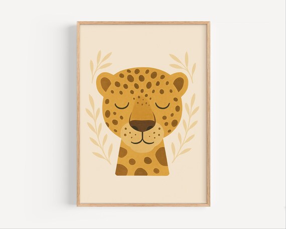 Cute Sleeping Leopard Face Minimalist Boho Nursery Animal Art Poster