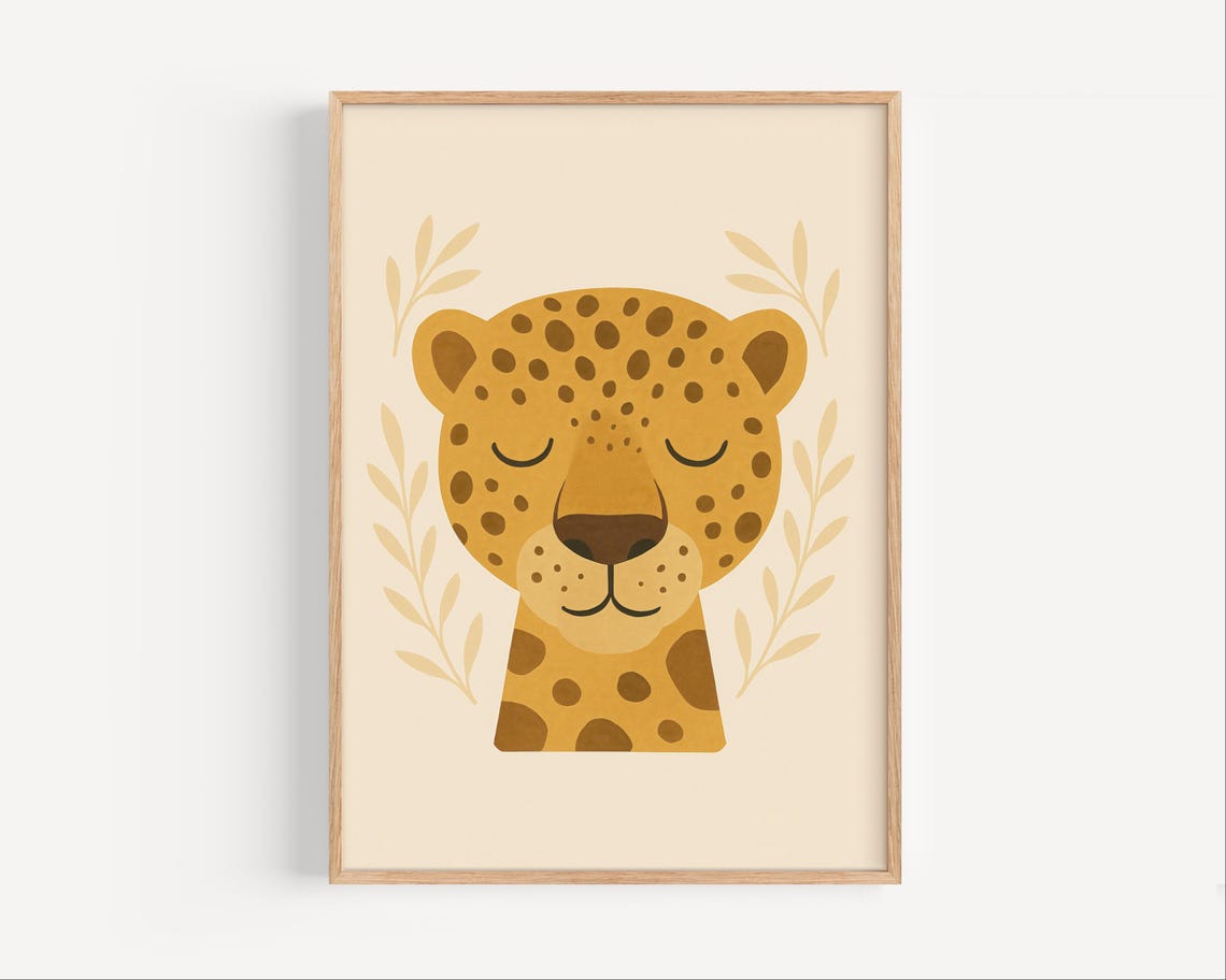 Cute Sleeping Leopard Face Minimalist Boho Nursery Animal Art Poster