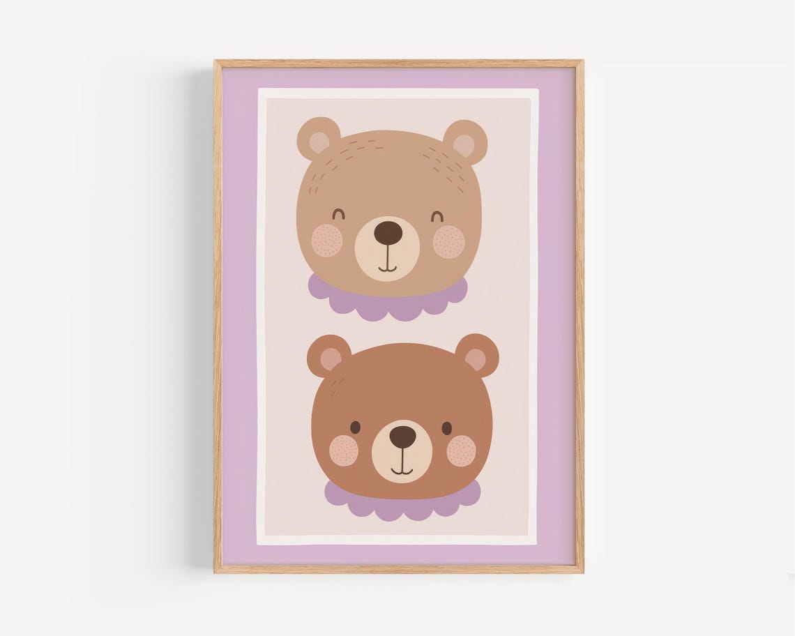 Two Cute Teddy Bear Faces With Purple Collars Nursery Wall Poster