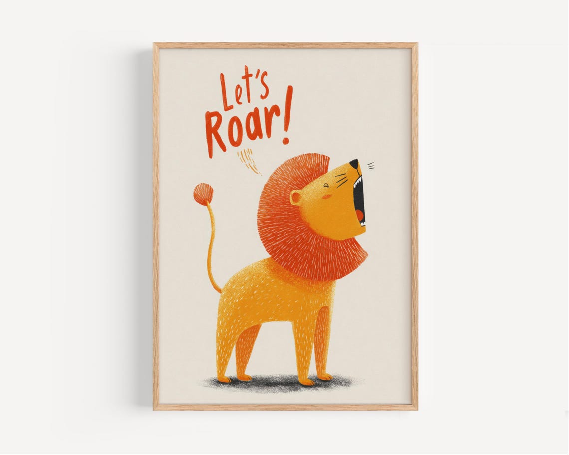 Let us Roar Orange Lion Cub Roaring Fun Safari Nursery Fine Art Poster