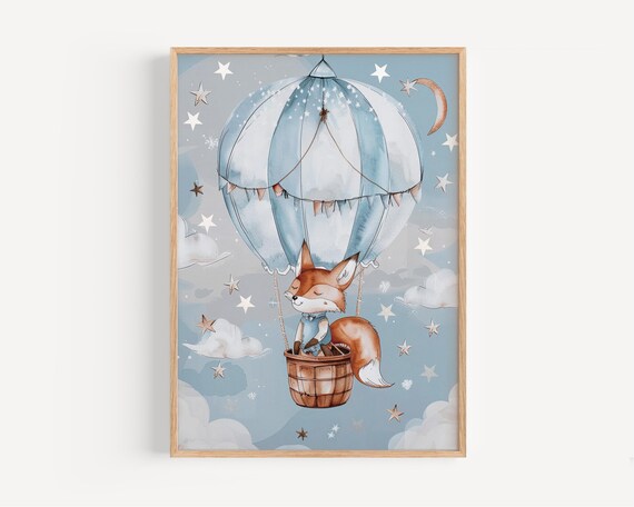Fox Riding a Hot Air Balloon Through a Starry Blue Sky Nursery Poster