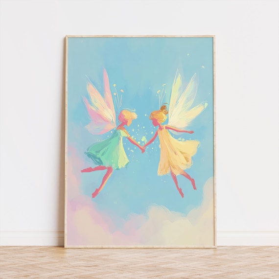 Two Whimsical Pastel Fairies Magical Sky Fantasy Illustration Poster