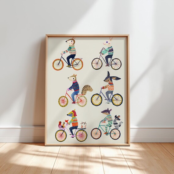 Six Animals in Sweaters Riding Bicycles Cute Kids Room Poster