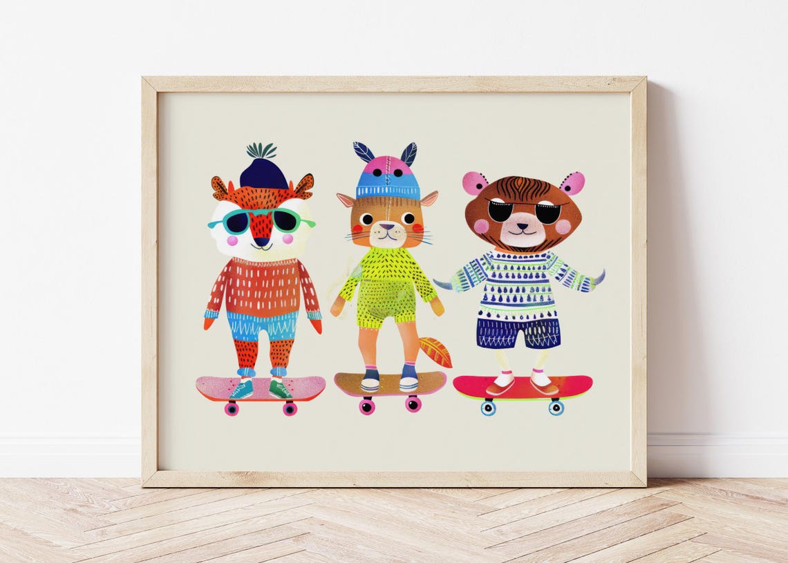 Cool Skater Animals Riding Skateboards Fun Hipster Kids Poster