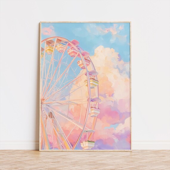 Pastel Ferris Wheel Poster Dreamy Carnival Summer Sky Playroom Decor