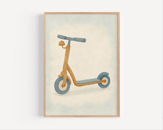 Scooter Poster For Kids Room Blue And Tan Retro Nursery Wall Art Boy Decor Toddler Transportation Print