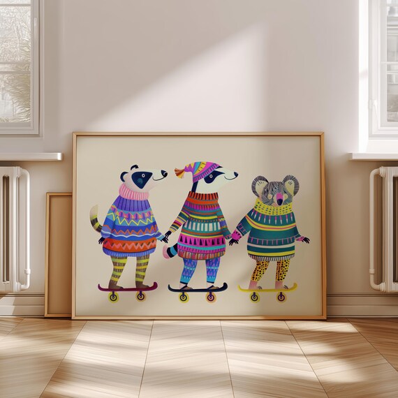 Skateboarding Animals Wall Art Nursery Prints Kids Room Collection Baby Decor Playful Animal Eclectic