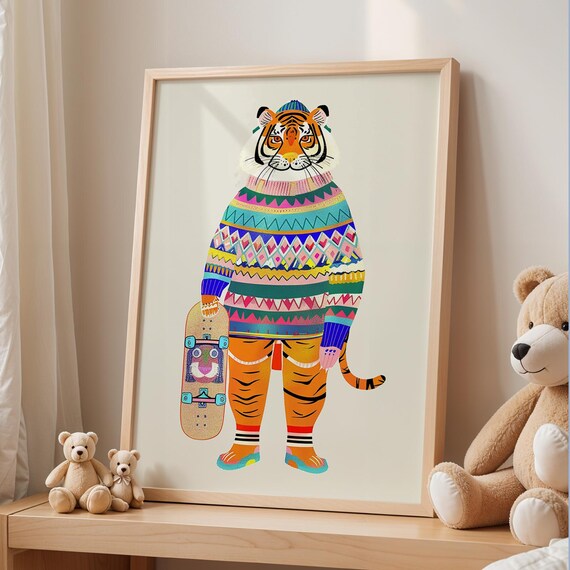 Colorful Art Print Of Tiger Holding Skateboard In Sweater Fun Animal Poster For Kids Room Or Nursery Wall Decor