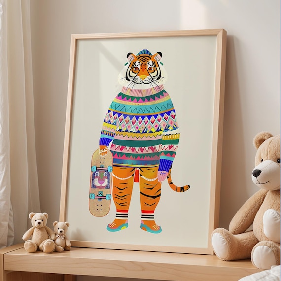 Colorful Tiger In Sweater Holding Skateboard Kids Room Poster