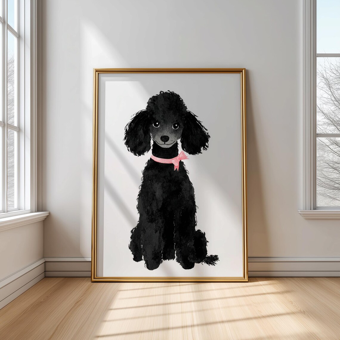 Black Poodle Puppy With Pink Bow Watercolor Cute Dog Art Poster