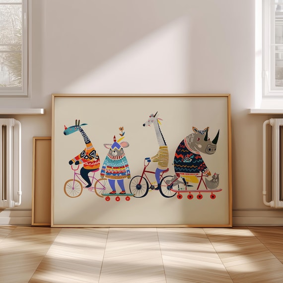 Animals Riding Bikes And Skateboards Whimsical Kids Nursery Poster