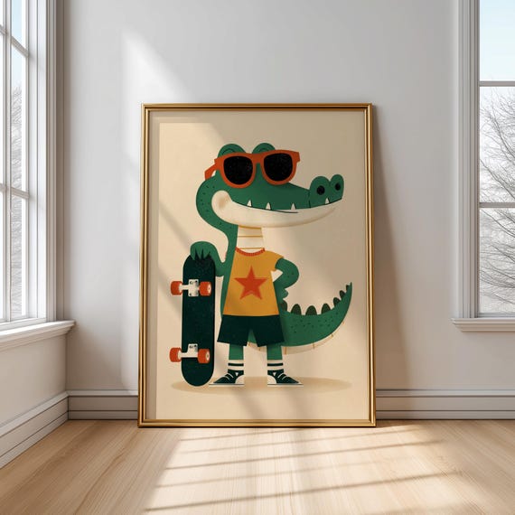 Skater Crocodile Kids Poster Funny Alligator Nursery Wall Art Cool Animal Print For Boys Room