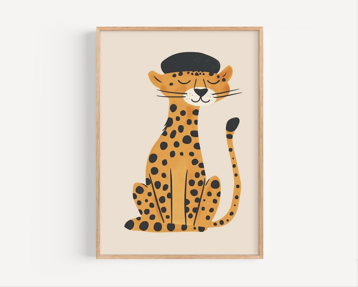 Cute Leopard In Black Beret Minimalist Sitting Big Cat Funny Kids Room Wall Poster
