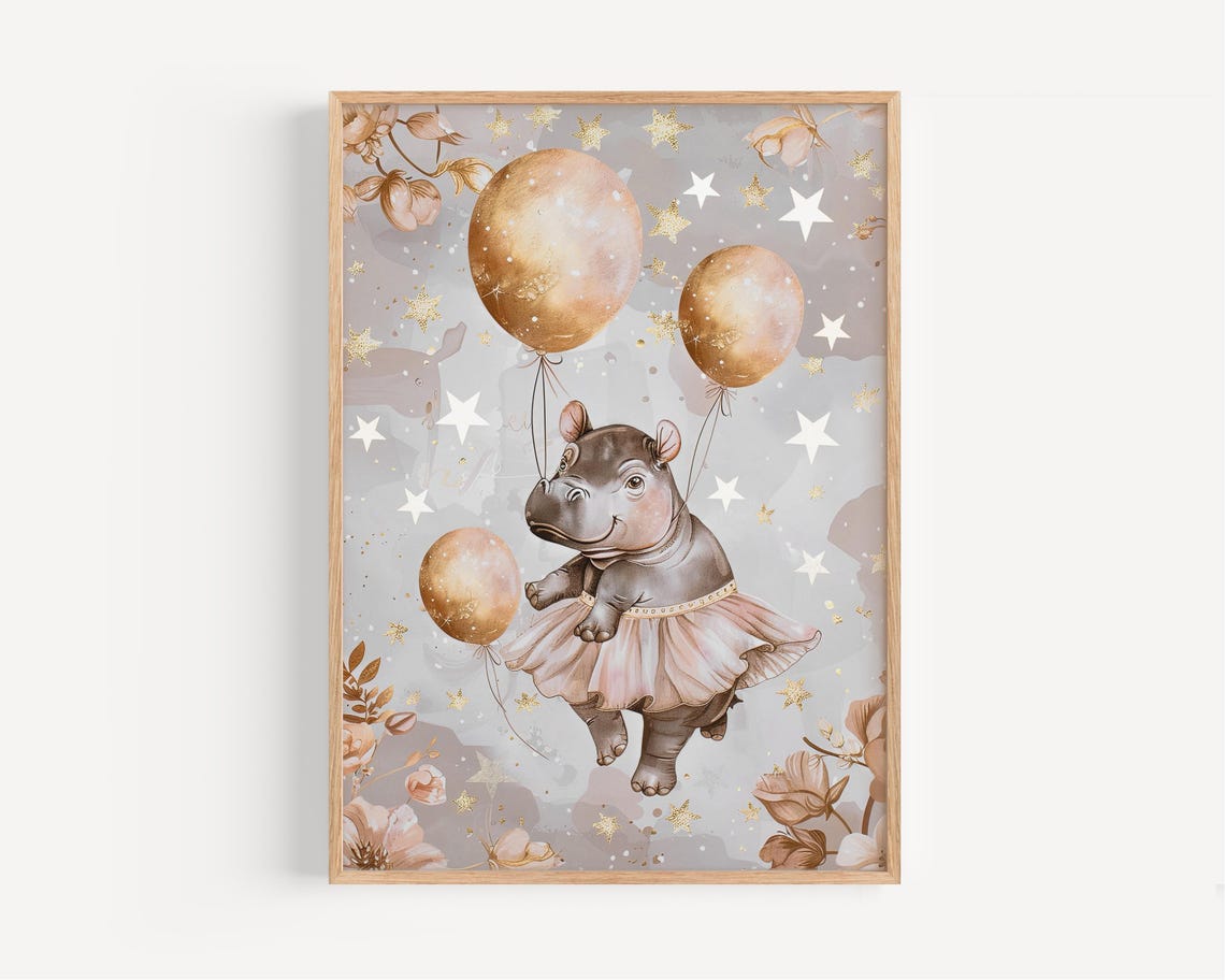 Ballet Hippo Nursery Wall Art Cute Animal Poster For Girls Room Vintage Baby Decor Ballerina Print Kids