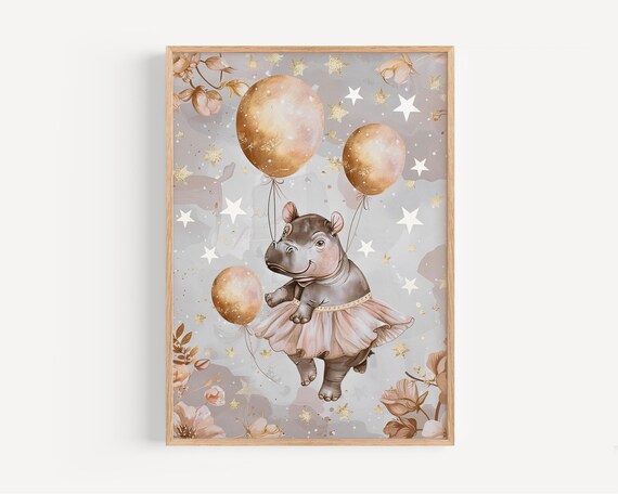 Baby Hippo Ballerina in a Pink Tutu With Golden Balloons Nursery Poster
