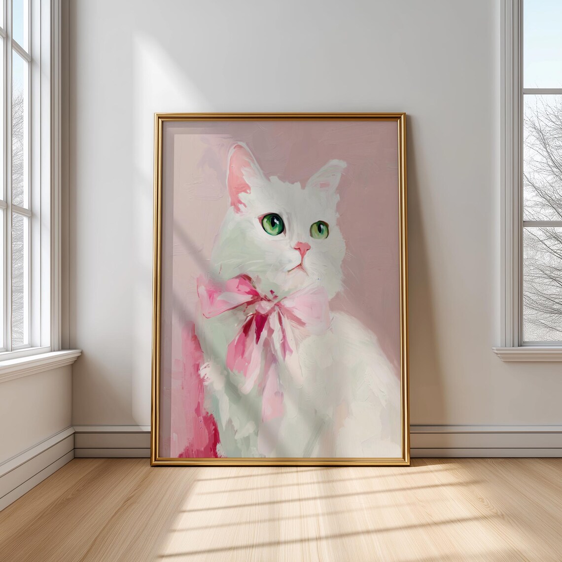 White Cat With Pink Bow Green Eyes Painting Pet Portrait Poster