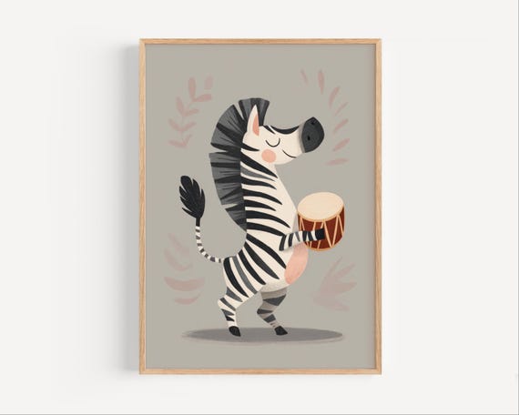Zebra Playing Drum Wall Art Safari Animal Poster For Nursery Cute Musical Print Kids Room African Wildlife Decor